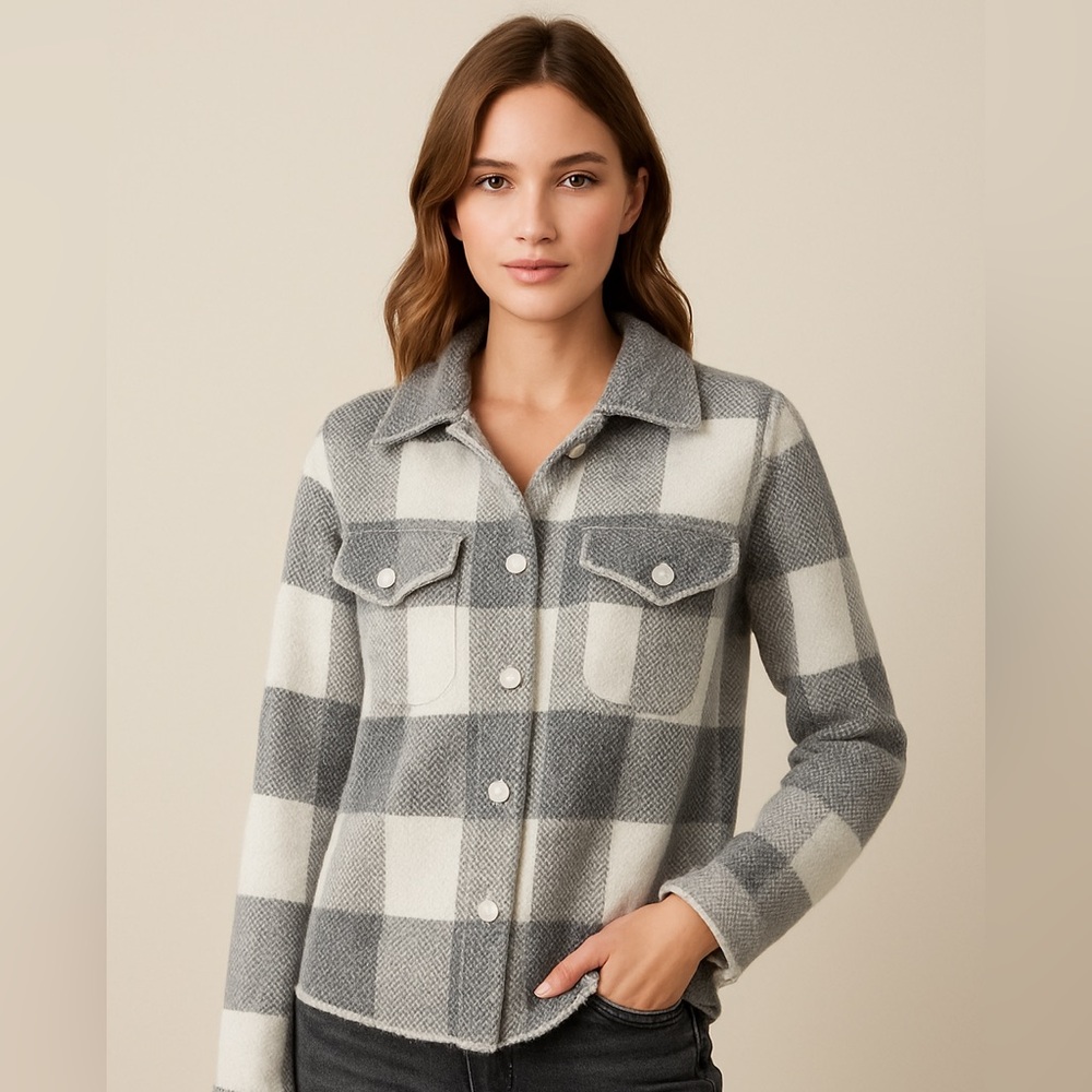 Rachel Zoe Women's Size XS Gray White Checkered Teddy Jacket Silver Buttons